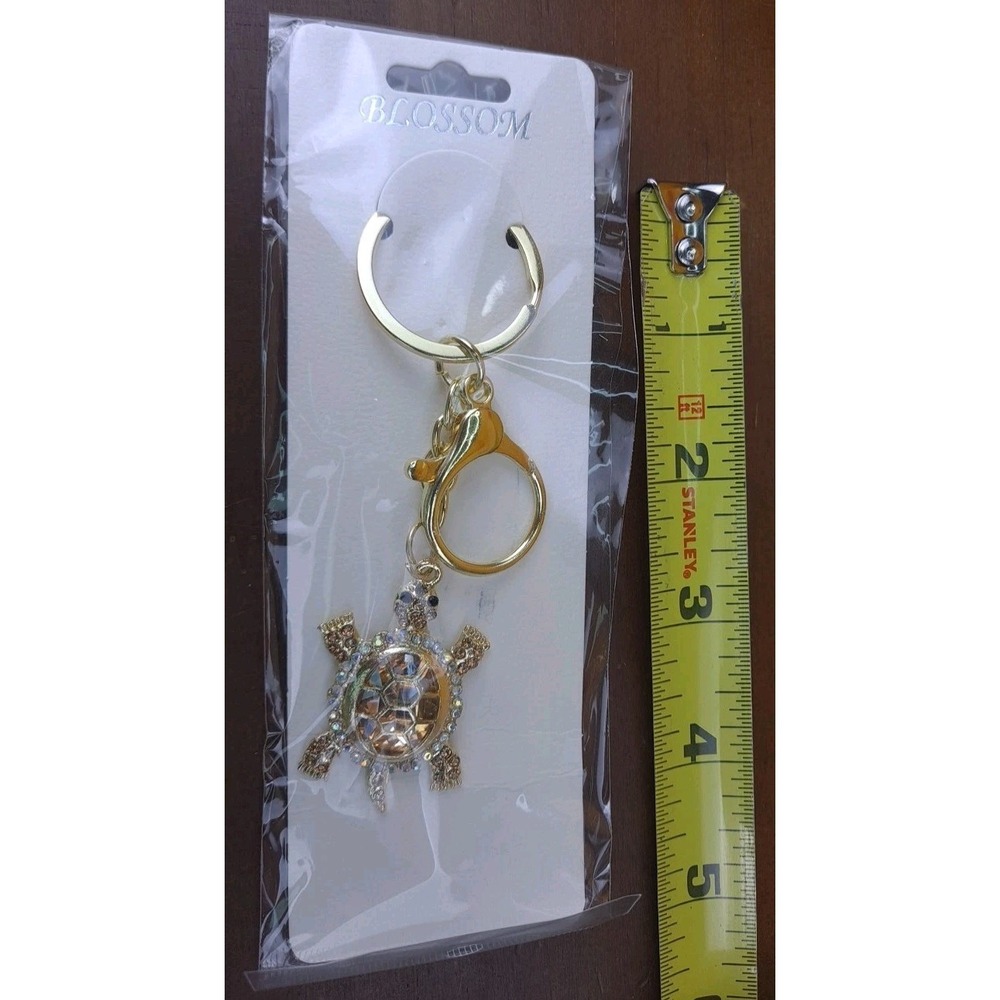 Turtle Gold Rhinestone Crystal Silver Tone Keychain Backpack Purse Clip - Picture 4 of 6